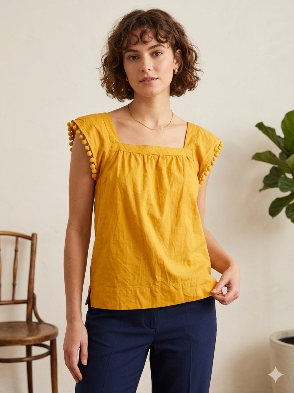 J. Crew Cotton Festival Boho Chic Mustard Square-Neck Top with Pom Sleeve Trim